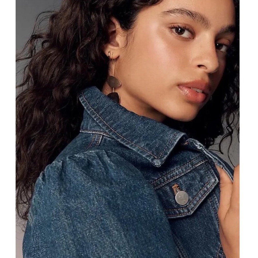 Pilcro Denim Jacket Blue Puff-Sleeve Button-Up Cropped Medium - Picture 3 of 12